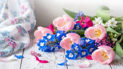 Delicate spring bouquet on wooden table