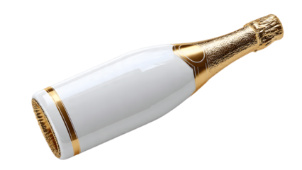 A champagne bottle with a gold label and white bottle  isolated on a transparent background