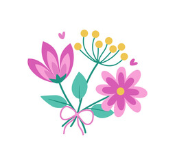 Abstract bright pink flowers and plants. Bouquet of flowers, bow, and hearts. Women's Day, birthday, Valentine's Day. Close-up for postcards and greeting cards, isolated on white background.
