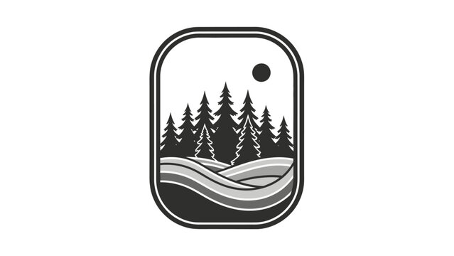 Rounded rectangular forest landscape logo with pine trees, hills, and sun on isolated white background.