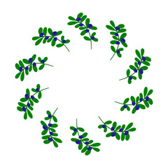 Cute wreath with flat hand drawn blueberry twigs and berries isolated on white background. Round forest composition.