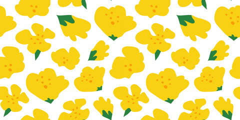 Bold seamless pattern with hand drawn big rapeseed flowers on white background. Blooming canola plants.
