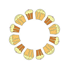 Cute round wreath with doodle glazed Easter kulich cakes isolated on white background. Italian panettone biscuits.