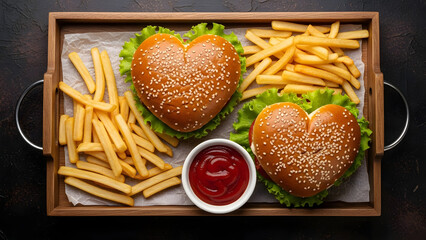 Heart shaped burgers and french fries in wooden tray