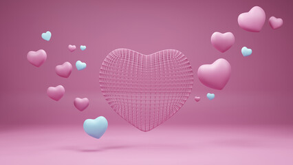 3D Render, Valentine's Day Hearts Background. Copy space romantic background