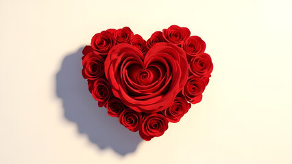 Heart shaped arrangement of red roses on white background