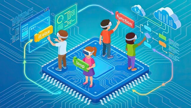 Futuristic isometric illustration of diverse children wearing virtual reality headsets engaging in interactive digital learning and coding education on a blue circuit board background