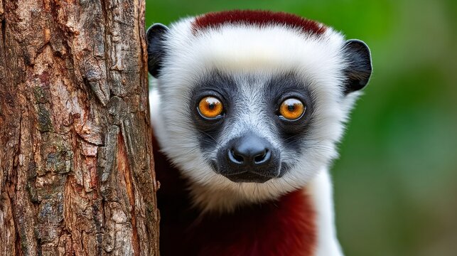 Coquerel's sifaka lemur peeking from behind tree trunk