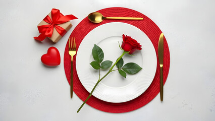 Romantic table setting with rose and gift