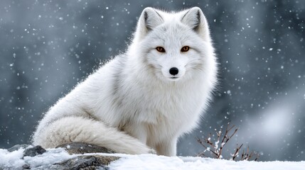 Naklejka premium Arctic fox standing in winter snow falling