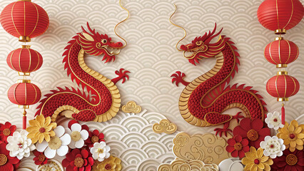 Festive Red Gold Dragons Lunar New Year