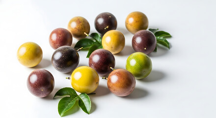 A collection of passion fruits with different colors and leaves on a white surface in a studio shot