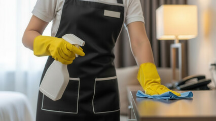 Female cleaner in professional uniform and yellow rubber gloves sanitizing hotel room furniture with spray bottle and cloth. High standard housekeeping and hygiene service concept.
