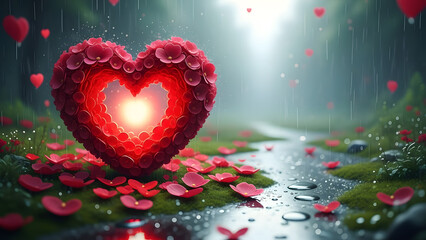 Glowing heart made of rose petals in the rainy forest