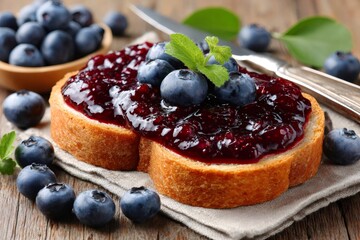 Blueberry jam spreading on toast with fresh fruit