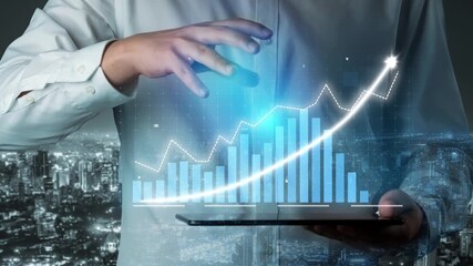 A businessman presents a digital tablet showcasing a 3D graph with growth trends against a stunning night city background. Perfect for finance and technology themes. Copula - Powered by Adobe