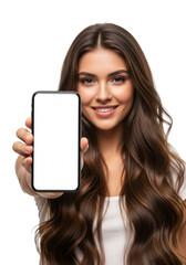 Smiling young woman proudly showcasing a modern smartphone with a blank white screen, an ideal mockup for displaying app interfaces, mobile websites, or digital content advertising