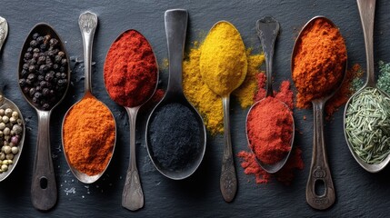 A beautifully arranged selection of colorful spices displayed on vintage spoons set against a dark slate background. Each spice brings a burst of color and flavor, showcasing culinary diversity.