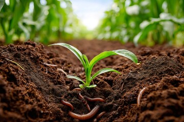Young corn sprout thriving in fertile soil with earthworms