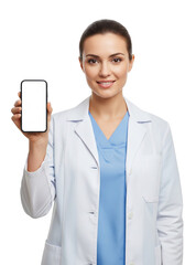 Professional healthcare worker in a white coat holding a mobile phone with a customizable display, perfect for medical app promotions and digital health concepts