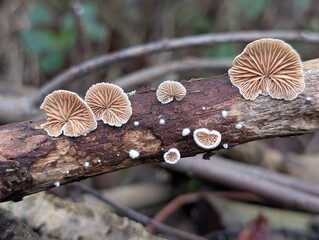 Oysterling mushroom (Crepidotus) on a rotting twig