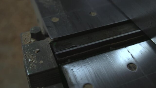 Durable Table With Central Groove, Industrial Work Table Showing Signs Of Extensive Use And Scratches. Media