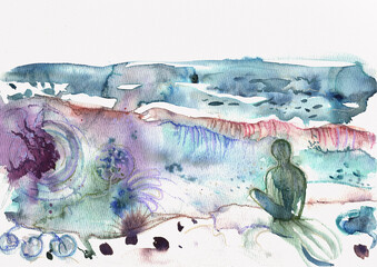 Abstract watercolor landscape with solitary human figure, contemplative mood