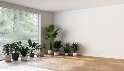 Tropical interior corner composition, white wall, green plants clustered on one side, empty wall copy space, commercial background