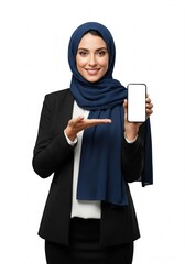 Smiling professional woman in an elegant blue hijab showcasing a contemporary smartphone with a customizable blank screen, ideal for digital media display and technology promotions