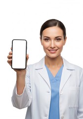Confident female physician showcasing a modern smartphone with a blank display for health applications and digital medical services, representing innovative telehealth and patient care solutions