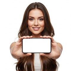 Attractive young woman confidently displays a cutting-edge mobile phone with an empty white screen, perfect for showcasing new apps, websites, or promotional messages in a bright studio