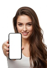 Attractive young woman confidently presenting a modern smartphone featuring an empty white display, ideal for mobile app mockups, website previews, or promotional graphics