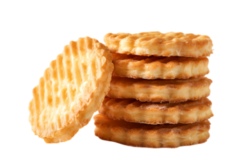 A stack of golden, round, ridged butter cookies with one leaning against the pile on a white background, showcasing their texture.