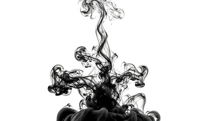 Mesmerizing black ink diffusing and swirling in water, forming an ethereal abstract smoke cloud against a pristine white background, showcasing captivating fluid motion