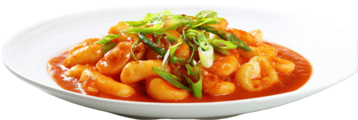 Spicy Korean rice cakes in sauce isolated on transparent background.