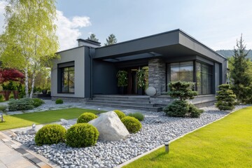 A contemporary home featuring a beautiful stone entrance, complemented by a meticulously landscaped garden, situated in a tranquil residential neighborhood on a bright, sunny day