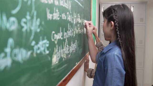 Skilled asian girl writing engineering prompt and programing system while standing blackboard with generated AI prompt written by diverse smart student at STEM technology lesson. Education. Pedagogy.
