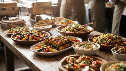 Assorted dishes on a rustic wooden table with people in the background
