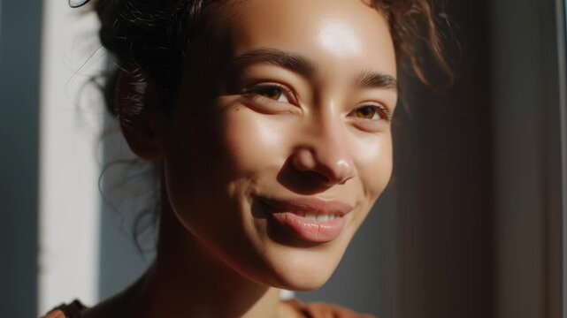 A woman with a smile on her face is looking out the window, taking in the view. The sunlight is streaming in, casting a warm glow on her face. The scene is peaceful and serene