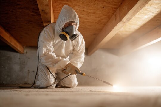 Pest control technician in protective gear sprays insulation in a dimly lit space, demonstrating safety and professionalism in pest management and prevention techniques