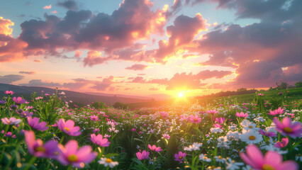 Fototapeta premium Colorful sunset over wildflower meadow under dramatic summer sky