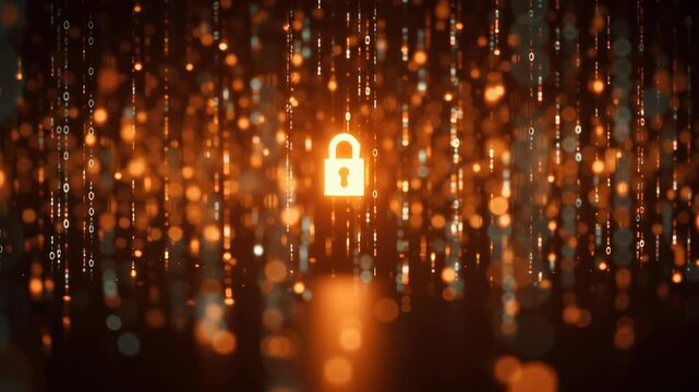 A glowing lock is surrounded by a pattern of lights. The lock is lit up, drawing attention to it. Concept of security and protection, as the lock is a symbol of safety and protection