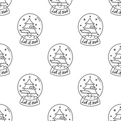 Doodle pattern of Christmas glass snow globes with christmas tree in black and white style