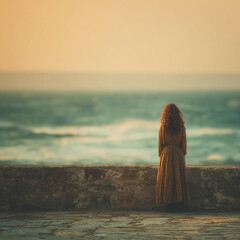 photo of young woman on the sea or ocean shore, standing with her back, untied dark hair develop in the wind, long dress, seascape, can be used as a poster or banner