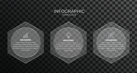 Modern three-step infographic template with circular glass panels on transparent background, clean business process layout for presentation, web, and UI design.