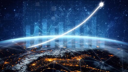Captivating depiction of a global network with vibrant city lights and a rising graph overlay, illustrating economic trends and advancements in technology on Earth. Copula - Powered by Adobe
