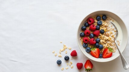Healthy breakfast bowl with berries and copy space