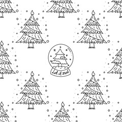 Doodle pattern of Christmas glass snow globes with christmas tree in black and white style