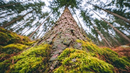 Low angle view emphasizes the texture of a moss covered tree trunk reaching toward the sky in a dense forest