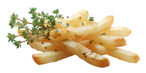 French fries with herbs and seasonings isolated on transparent background.